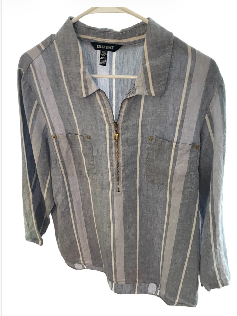 Ellen Tracy Gray and Cream Striped Linen Shirt Jacket